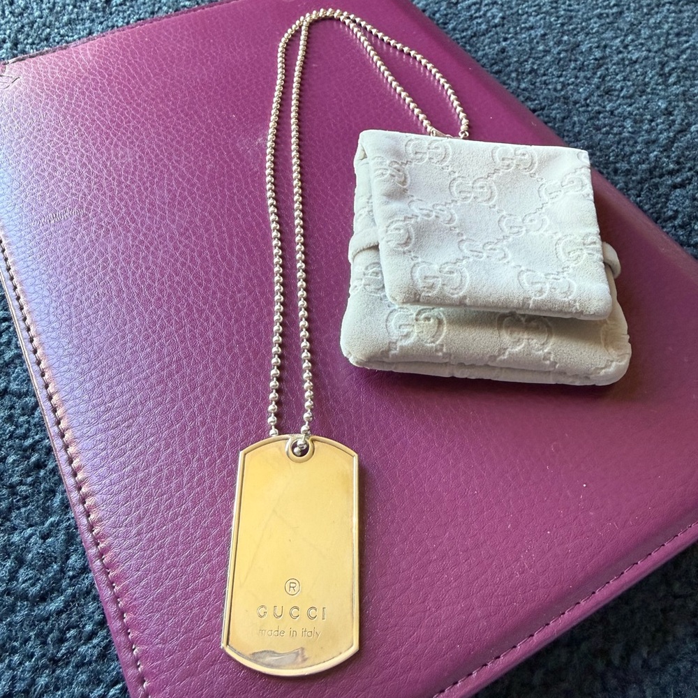 GUCCI Sterling Silver Dog Tag Necklace on Ball Chain 23”
